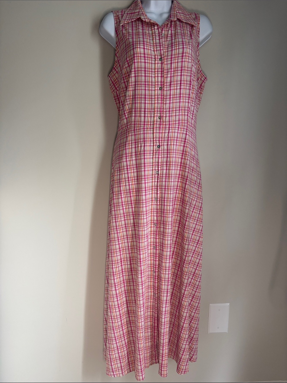 Laura Ashley Vintage 90’s  Pink Plaid Sleeveless Button-Front Maxi Dress